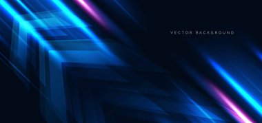 Ok yüksek hız ve mavi ve pembe neon köşegen ışınları koyu mavi arkaplanda. Hızlı hareket kavramı. Vektör illüstrasyonu