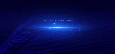 Soyut mavi dalga çizgileri dinamiktir. Işıklandırma efekti koyu mavi arka planda parıldar. Gelecekçi dalga çizgileri konsepti. Vektör illüstrasyonu