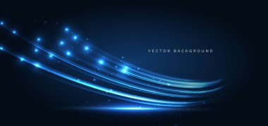 Koyu mavi arka planda parlayan gelecekteki teknoloji eğrisi çizgileri. Süper Hızlı Fiber Optik İnternet büyük veri ağı konseptini hızlandırıyor. Vektör illüstrasyonu