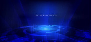 Koyu mavi arkaplanda yüksek teknolojili mavi ışık huzmesini çember içine alın. Gelecekçi teknoloji konsepti. Vektör illüstrasyonu