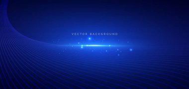 Soyut mavi dalga çizgileri dinamiktir. Işıklandırma efekti koyu mavi arka planda parıldar. Gelecekçi dalga çizgileri konsepti. Vektör illüstrasyonu