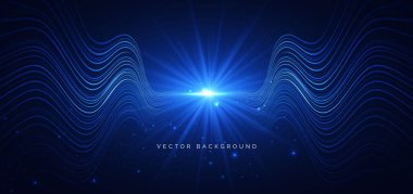 Koyu mavi arka planda parlayan mavi dalga çizgileri. Yüksek hız hareketi konsepti. Vektör illüstrasyonu