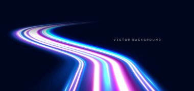 Koyu mavi arkaplanda mavi ve pembe kıvrımlı ışın. Hızlı hareket kavramı. Vektör illüstrasyonu