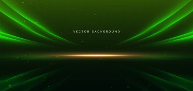 Fütürist yeşil ışın ışık efekti ve parıltıyla kıvrılmış. Hızlı hareket kavramı. Vektör illüstrasyonu 