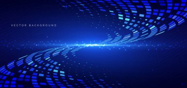 Mavi ışıklandırma efektli ve mavi arka planda parlayan gelecekçi kare desen eğrisi. Teknoloji veri iletişimi kavramı. Vektör illüstrasyonu