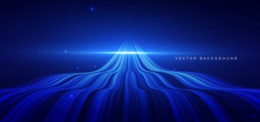 Mavi arka planda parlayan soyut mavi dalga çizgileri. Fütürist yüksek hız, ağ bağlantısı kavramı. Vektör illüstrasyonu