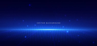 Koyu mavi arka planda parlayan teknoloji fütüristik dalga çizgileri. Yüksek hız büyük veri ağı kavramı. Vektör illüstrasyonu