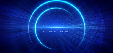 Koyu mavi arka planda parlayan fütüristik mavi halkalar. Teknoloji veri iletişimi kavramı. Vektör illüstrasyonu