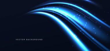 Fütürist mavi neon kıvrımlı ışınlar koyu mavi arka planda parlıyor. Hızlı hareket kavramı. Vektör illüstrasyonu