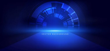 Koyu mavi arkaplanda yüksek teknolojili mavi ışık huzmesini çember içine alın. Gelecekçi teknoloji konsepti. Vektör illüstrasyonu