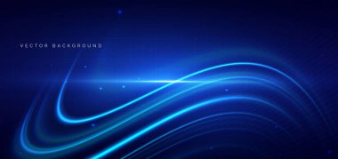 Mavi ışık, koyu arkaplanda parlayan kıvrımlı ışınlar. Fütürist hız çizgisi, teknolojik kablosuz veri iletişimi kavramı. Vektör illüstrasyonu