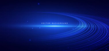 Koyu mavi arka planda parlayan teknolojik fütüristik eğri çizgileri. Yüksek hız büyük veri ağı kavramı. Vektör illüstrasyonu