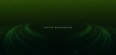 Işık efektli ve parıltılı yeşil kıvrımlı teknoloji. Hızlı hareket kavramı. Vektör illüstrasyonu 