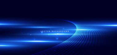 Koyu mavi arkaplanda eğri çizgileri olan parlak mavi ışık ışını. Teknoloji hız arabası, iletişim veri konsepti. Vektör illüstrasyonu