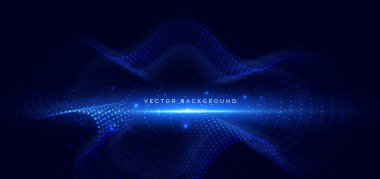 Karanlık arka planda parlayan benekli dijital dalga. Gelecekçi teknoloji veri iletişimi bilim konsepti. Vektör illüstrasyonu