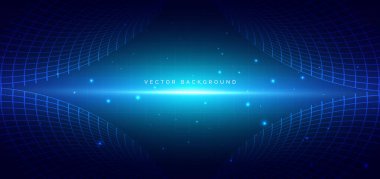 Soyut ağ eğrisi çizgileri koyu mavi arka planda ışıldayan ışık efektiyle mavi parlıyor. Teknoloji bilimi konsepti. Vektör illüstrasyonu