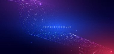 Teknoloji, koyu mavi arka planda parlayan noktalı dalga. Büyük veri iletişim ağı kavramı. Vektör illüstrasyonu