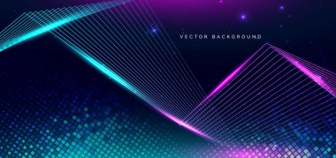 Mor ve mavi çizgilerle aydınlatma efektli karanlık zemin üzerinde köşegenli teknoloji fütüristik kare deseni. Bilim analiz konsepti. Vektör illüstrasyonu