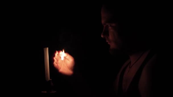 Man Burning Candle Has Many Thoughts Evening Light Ukraine — Αρχείο Βίντεο