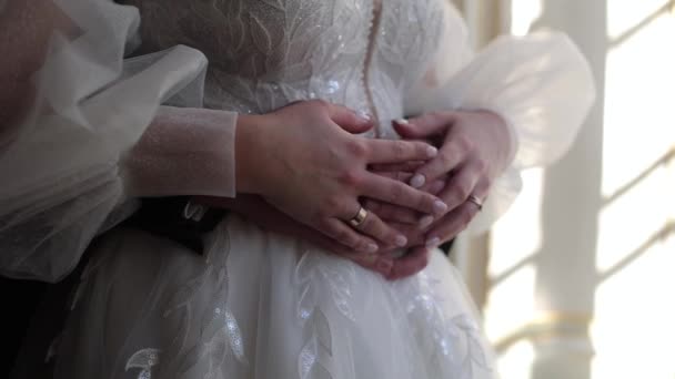 Young Couple Holding Hands Together Bride Groom Embrace Together — Stock videók