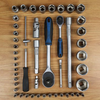 A set of tools, stainless keys. Service station, car service. A large selection of tools for various jobs