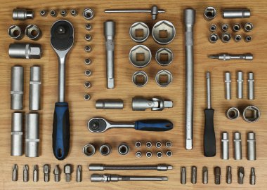 A set of tools, stainless keys. Service station, car service. A large selection of tools for various jobs