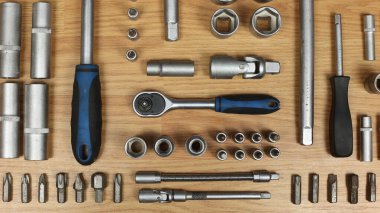 A set of tools, stainless keys. Service station, car service. A large selection of tools for various jobs
