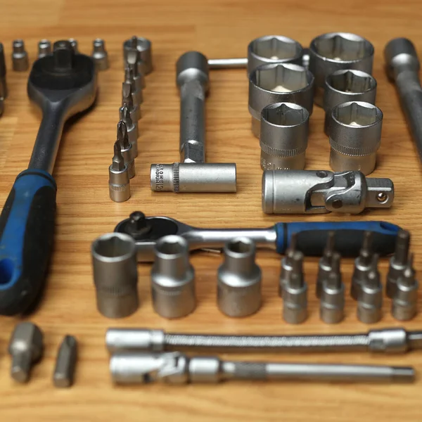 A set of tools, stainless keys. Service station, car service. A large selection of tools for various jobs