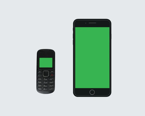 White background, black phone with green screen. Gadget on a white background. Smartphone and color key. The evolution of telephones, an old button gadget