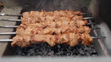 Lezzetli şiş kebap. Domuz eti yanıyor. Yemek yanıyor. Bahçede barbekü. Gürcü kebabı. Et, lezzetli bir yemek. Kızarmış et, sulu domuz eti. Kamp ateşinde yemek pişirmek. Gürcistan mutfağı. Şişte et.