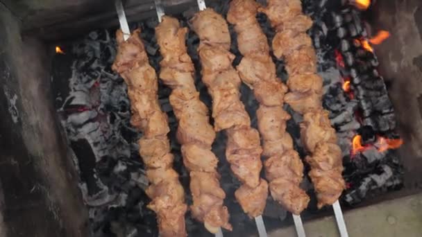 Vynikající Šťavnatý Shish Kebab Vepřové Ohni Jídlo Ohni Grilování Dvoře — Stock video
