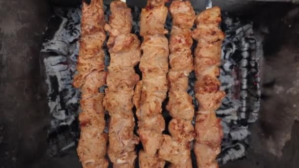 Delicioso Jugoso Shish Kebab Cerdo Llamas Comida Llamas Barbacoa Patio — Vídeos de Stock