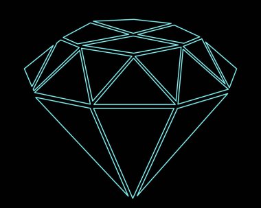 Mavi elmas. Bir elmasın 3 boyutlu modelini yapmak için çizimler. Siyah arka planda elmas. Değerli taşlar, mücevherler. Bir kadın için hediye. Siyah arkaplanda izole