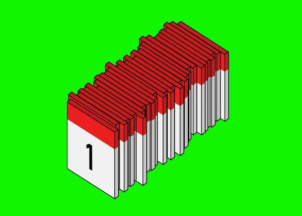 Cartoon calendar on a green background. Calendar 31 days. Red and white color.
