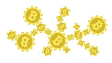 Beyaz arkaplanda Bitcoin simgesi. İnternet parası, bozuk paralar. Web projelerinde veya mobil uygulamalarda kullanmak için şifreli para birimi resimleri. Bitmadeni paralar dişli şeklindedir, tek bir mekanizma olarak inşa edilir ve döndürülürler.