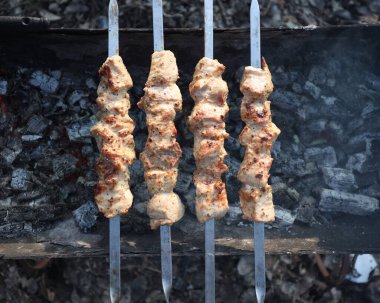 Delicious juicy shish kebab. pork on fire. food on fire. barbecue in the yard. Georgian kebab. meat hot tasty dish. fried meat, juicy pork. cooking on a campfire. Georgian cuisine. meat on a skewer