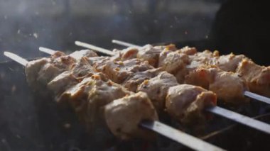 Delicious juicy shish kebab. pork on fire. food on fire. barbecue in the yard. Georgian kebab. meat hot tasty dish. fried meat, juicy pork. cooking on a campfire. Georgian cuisine. meat on a skewer