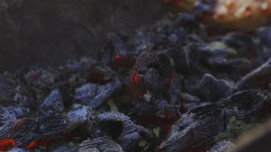 Lezzetli şiş kebap. Domuz eti yanıyor. Yemek yanıyor. Bahçede barbekü. Gürcü kebabı. Et, lezzetli bir yemek. Kızarmış et, sulu domuz eti. Kamp ateşinde yemek pişirmek. Gürcistan mutfağı. Şişte et.