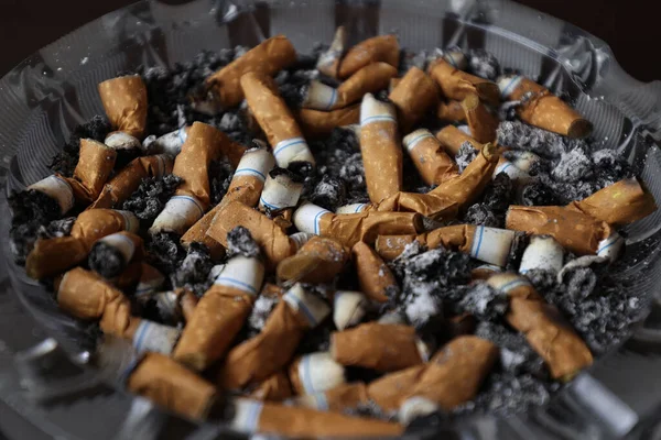 Sigaretten Een Asbak Veel Gerookte Sigaretten Een Sterke Passie Voor — Stockfoto