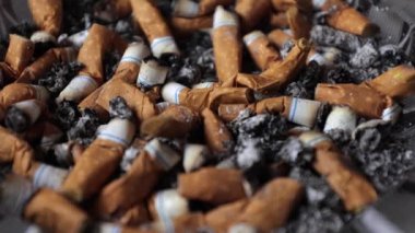 Kül tablasında sigara, kül, bir sürü sigara. Sigara içmek için güçlü bir tutku. Sağlığa zararlı. Sigara içmek sağlığınız için zararlı olabilir. Çevre için çok yazık. Sağlık sorunları.