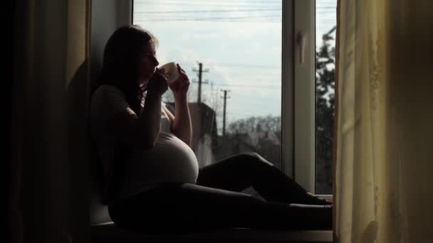 Une Femme Enceinte Est Assise Près Fenêtre Attends Enfant Très — Video