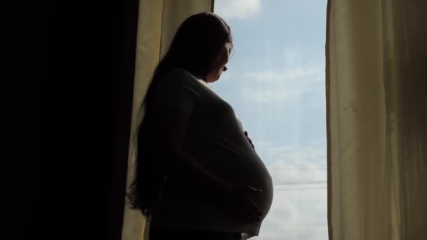 Беременная Женщина Сидит Окна Жду Ребенка Большой Живот Беременность Неделе — стоковое видео