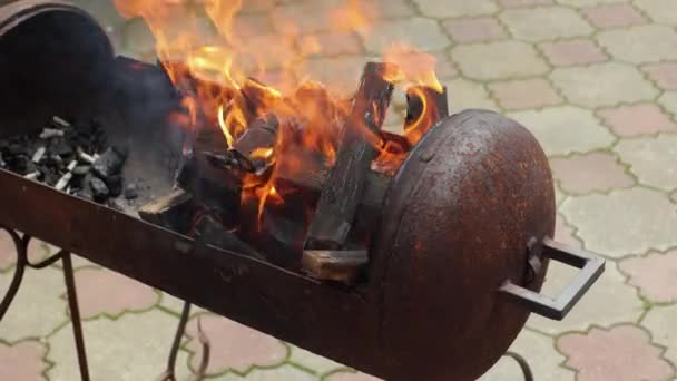 Barbacoa Patio Leña Cocinar Vacaciones Verano Cerca Barbacoa Fuego Está — Vídeos de Stock