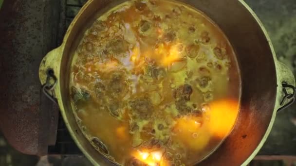 Gotowanie Letnie Wakacje Przy Grillu Letni Piknik Ognisko Gorąca Zupa — Wideo stockowe