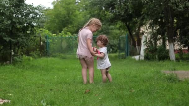 草の上に素足の少女 夏のサンダル 緑の草 子供のために 家の近くの芝生 小さな子供たちは草の上を裸足で歩く 両手をつないで — ストック動画