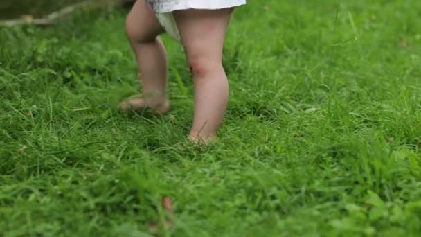 草の上に素足の少女 暑い夏と残りのサンダル 緑の草 子供のために 家の近くの芝生 草の上を裸足で歩くのが好き — ストック動画