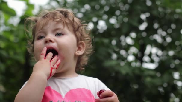 Ett Barn Äter Röd Körsbär Hennes Mun Smutsig Från Bären — Stockvideo