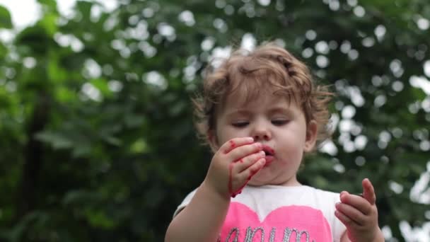Ett Barn Äter Röd Körsbär Hennes Mun Smutsig Från Bären — Stockvideo
