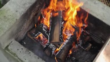 Bahçede şenlik ateşi. Piknik hazırlığı, kamp ateşinde barbekü, hafta sonunda dinlenme. Barbeküde odun yanıyor, çok sıcak. Kuru odun ateşi, yemek pişirmek için yakıt.