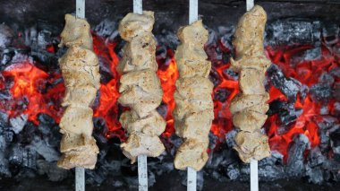 Lezzetli şiş kebap. Domuz eti yanıyor. Yemek yanıyor. Bahçede barbekü. Gürcü kebabı. Et, lezzetli bir yemek. Kızarmış et, sulu domuz eti. Kamp ateşinde yemek pişirmek. Gürcistan mutfağı. Şişte et.